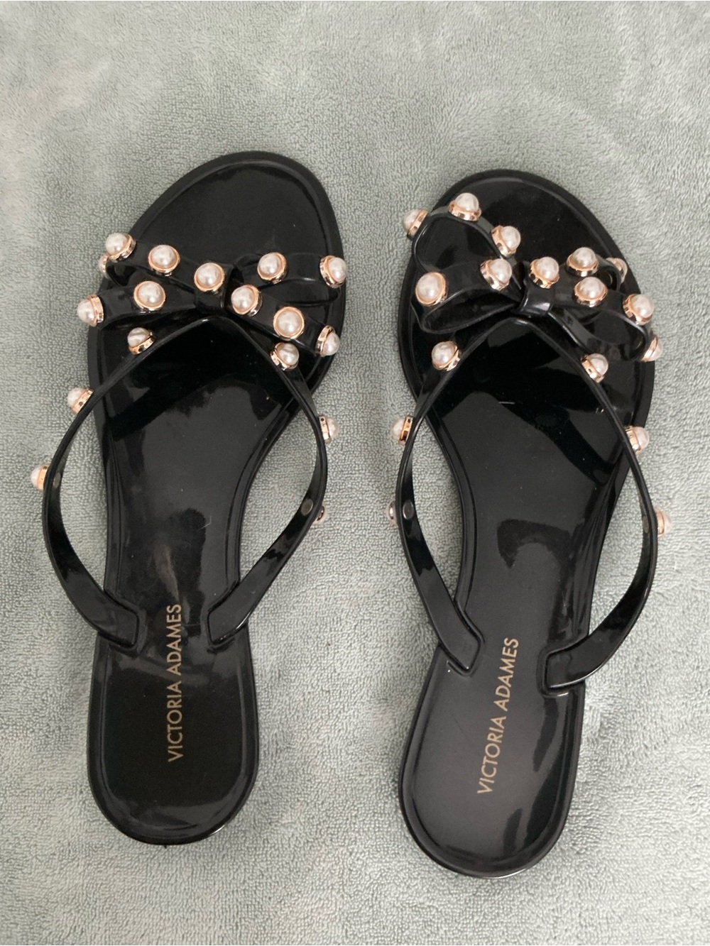 Victoria Adames Black Pearl-Accent Bow Sandals